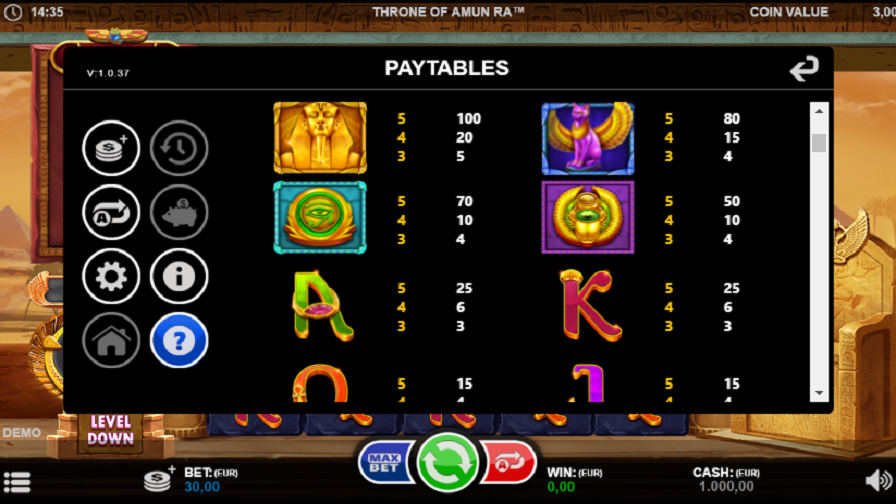 Throne of AmunRa Slot paytable